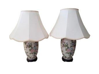 Pair Of Vintage Asian Hand Painted Table Lamps With Wood Bases