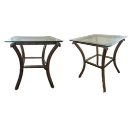 Pair Of Fortunoff Glass & Brass End Tables