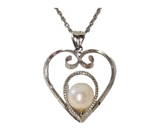 Heart Shaped Sterling Silver Pendant With White Pearl Necklace