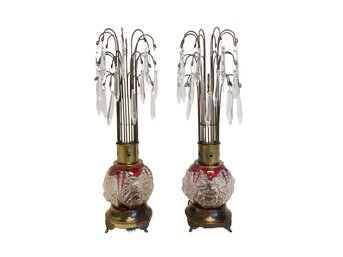 Unique Pair Of Vintage Hollywood Regency Waterfall Lamps With Clear Prisms & Brass Base