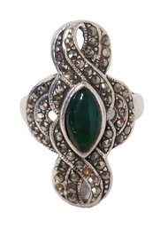 Vintage Sterling Silver Marcasite & Green Onyx Ring -  Size 5.5