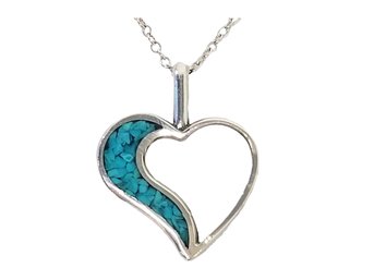 Sterling Silver Heart Shaped Pendant Necklace With Turquoise Inlay