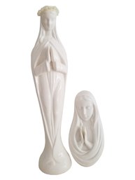 Glossy White Ceramic Madonna & White Matte Praying Madonna Figurines