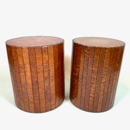 Asymmetrical Pair Of Vintage Drum Shaped Cylindrical Wooden Tables