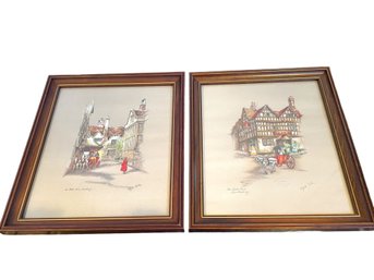 Pair Of Framed Watercolor Enhanced Prints. ( B-13)