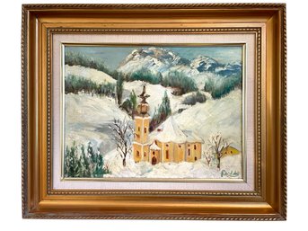 Vintage Oil On Canvas Featuring A Winter Landscape Signed Priddy ??, Framed  (B-7)