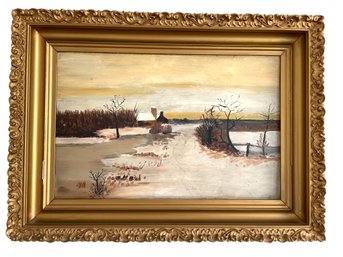 Vintage Antique Framed Oil On Board Of A Winter Landscape Scene. (2nd Floor H.W)