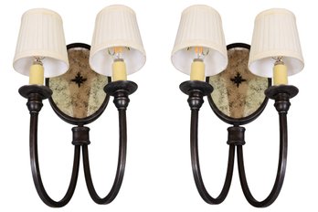 Pair Of Two Arm Mirrored Metal Wall Sconces With Shades