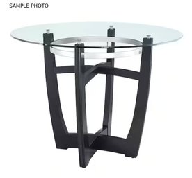 42 In. Round Shape Black Clear Tempered Glass Top Dining With Solid Wood Natural Oak Table