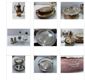 Large Lot Of Silver Plate Platters And Serving Ware - Waterford Crystal Salt And Pepper Shakers