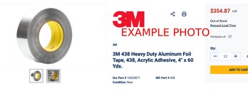 3M 438 Heavy Duty Aluminum Foil Tape, 438, Acrylic Adhesive, 4' X 60 Yds. * RETAILS OVER $200 PER ROLL
