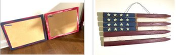 Americana Fence Post Made Wood Flag Wall Decor And Red And Blue Cork Boards