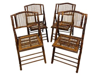 Set Of Four Burnt Bamboo Tortoise Folding Chairs