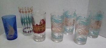 7 Vintage Drinking Glasses Include Set Of 4 Matching, Hazel Atlas Sailboat, Atomic & Bicentennial Edition  C2