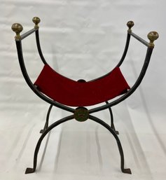Antique 1920s Wrought Iron Gothic Folding Bench With Brass Ball Finial Accents