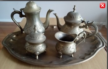 Beautiful Vintage Brass Tea Service Creamer Sugar & Two Tea Pots From Israel