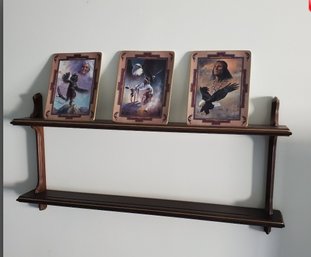 Wood Plate / Or Knick- Knack Display Shelf With Gold Accent Stripes
