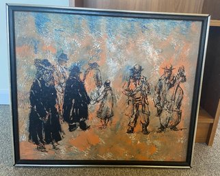 Framed Mounted Canvas Acrylic Painting By Artist Ira Golden ' Untitled' (Jewish Fiddlers)