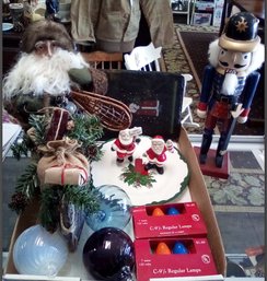 Christmas Bulbs, Vintage S&Ps, Slate Sign, Wood Nutcracker, Glass Ornaments, Santa/canoe, Ceramic Plate   CVBK