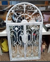 Vintage Iron Framed Mirror With Decorative Iron Doors & Arch Top. WA