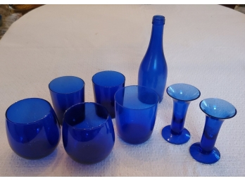 5 Cobalt Blue Glasses, Candlesticks & A Blue Glass Bottle