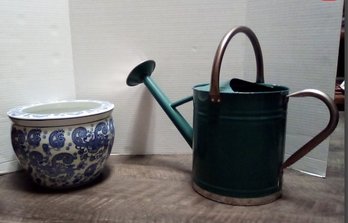 Gardening Corner - Lovely Ceramic Blue And White Planter With Metal Watering Can    CVBK