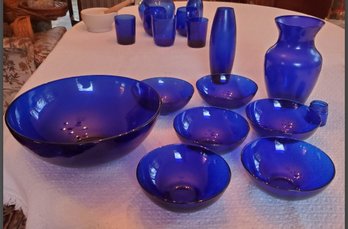 Vintage Cobalt Blue Glass Salad Bowl & 6 Bowls, 2 Vases & A Small Medicine Jar