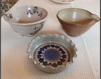 Two Hand Thrown Clay Pottery Bowls & One Collander