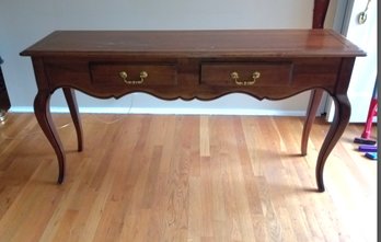 Lovely Two Drawer Hall Table With Walnut Finish And Brass Hardware