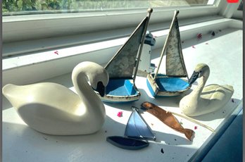 Enchanting Mixed Lot: Two Swans, Galvanized Steel Sailboat Bookends, Spermaceti Whale, Wooden Lighthouse, Pig