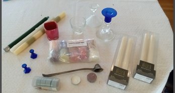 Assortment Of Candles And Candle Holders And Metal Candle Snuffer