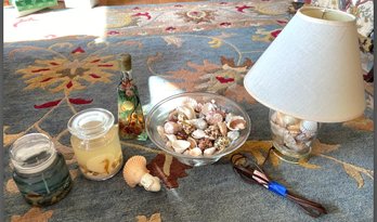 Mixed Lot Of Seashell (and Other) Decorative Objects: Lamp, Nightlight, Gel Candles, Bowl Of Seashells