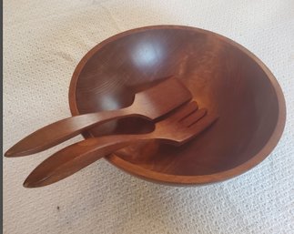 Vintage Carved Wood Salad Bowl With Salad Fork & Spatula / Spoon From Canada