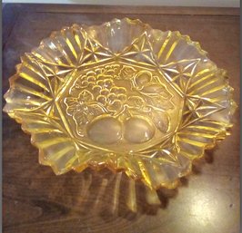 Yellow Depression Glass Ruffled Dish With Fruit Pattern On Bottom