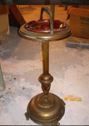 Vintage Brass Pedestal Ash Tray Stand With Amber Glass Ashtray