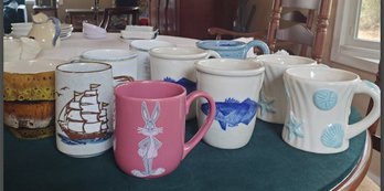 Nine Hearty Large Coffee / Soup Mugs - Seashells, Lighthouses, Bluefish, Tall Sail Ships & One Bugs Bunny!