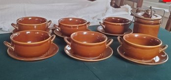 Six Brown Soup Crocks With Handles & Underplates & One Cheese Spread Crock With Lid