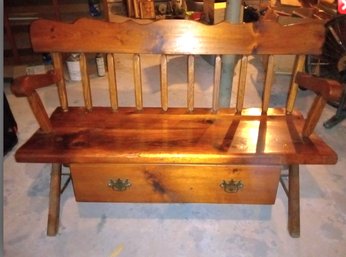 Rustic Colonial Pine Bench With A Large Bottom Drawer