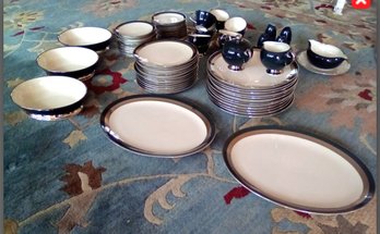 Flintridge China Made In California, CONTESSA Pattern Dutch Blue Bands & Platinum Trim