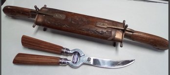 Vintage Hand Carved Wood Knife & Fork Holder & Lifetime Cutlery Stainless Steel Blades Poultry Shears A3