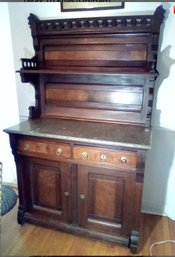 Antique, Rich Looking Edwardian Heavily Carved Sideboard: Marble Top, 2 Drawers, 2 Cabinets Below & Casters