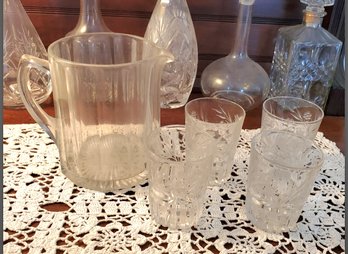 Glass  Beverage Pitcher & Four Floral - Etched Glasses