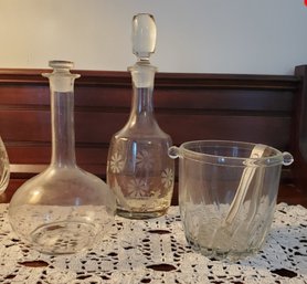 Two Vintage Glass Decanters With Stoppers & One Ice Cube Bucket With Metal Tongs