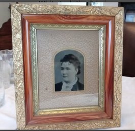 Vintage Framed Photo Of Mid 1800s Woman With With Faux Wood Grain And Gold Colored Frame Matted