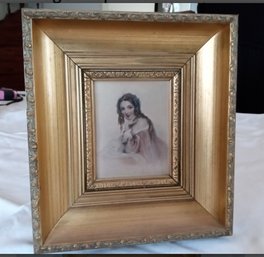 Vintage Tinted Print Of Mid 1800s Woman With Beautiful Gold Colored Frame