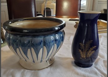 A Vintage Blue & White Planter & A Blue Japanese Flower Vase