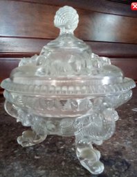 Vintage Pressed Glass (dragon) Footed Candy Dish With Seashell Pattern On Lid