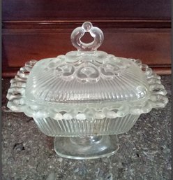 Vintage EAPG Fancy Pressed Glass Lidded Pedestal Compote Dish With A Fancy Finial On The Lid