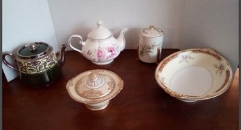 China Treasure Lot With Teapots, Lidded Jelly Jar, Lidded Nut Dish And Serving Bowl