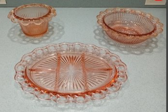 3 Vintage Anchor Hocking Old Colony Open Lace Edge Pink Depression Glass Service Ware